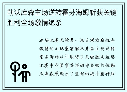 勒沃库森主场逆转霍芬海姆斩获关键胜利全场激情绝杀 勒沃库森主场逆转霍芬海姆斩获关键胜利全场激情绝杀