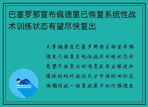 巴塞罗那宣布佩德里已恢复系统性战术训练状态有望尽快复出 巴塞罗那宣布佩德里已恢复系统性战术训练状态有望尽快复出